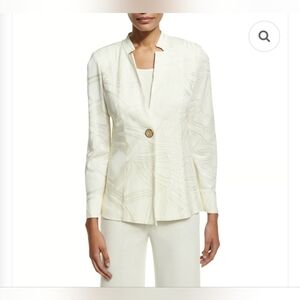 Misook Women's Notch Collar Tonal Print Jacket Cream Knit Cardigan Size L Petite